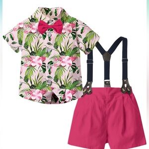 SANGTREE Baby Boys Gentleman Suit Clothes, Dress Shirt Bowtie + Suspender Shorts